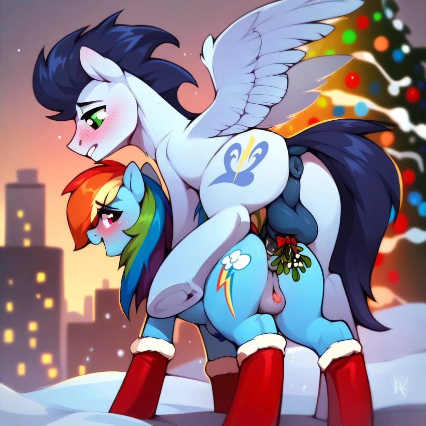 ai_generated anal anus balls blush crotchboobs doggy_style equine horsecock mistletoe my_little_pony nipples pony rainbow_dash_(mlp) smile snow soarin_(mlp) spread_wings stockings vagina