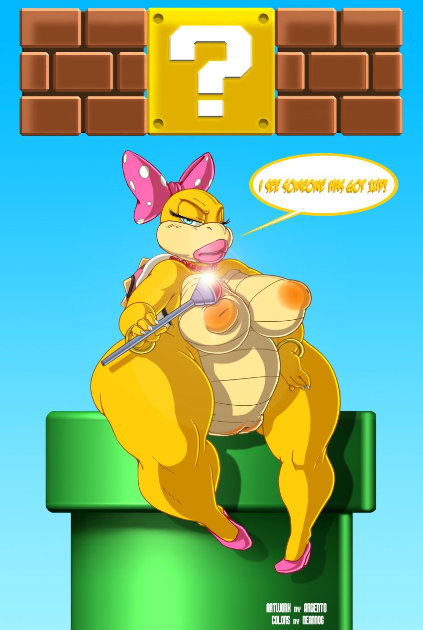 1girls absurd_res anthro areola argento bbw belly big_breasts big_lips breasts chubby english_text fat female female_only full_body hi_res inverted_nipples koopa koopaling large_breasts mario_(series) nintendo nipples nude outdoors pussy scalie sitting solo speech_bubble super_mario_bros. text thick_thighs tylersdad video_games wand wendy_o._koopa wide_hips yellow_scales yellow_skin