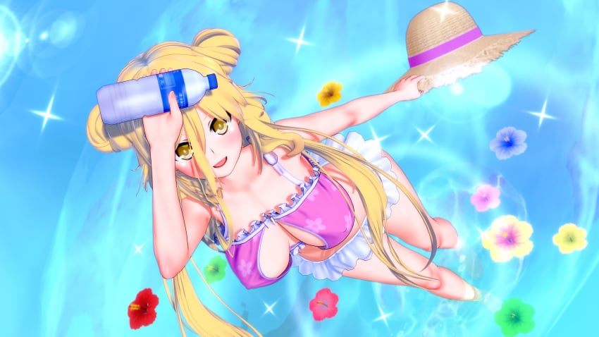 3d 3d_(artwork) big_breasts bikini blonde_hair bottle breasts date_a_live dr_xidan female female_only hat hoshimiya_mukuro koikatsu light-skinned_female looking_at_viewer sea solo solo_female thighs water_bottle yellow_eyes