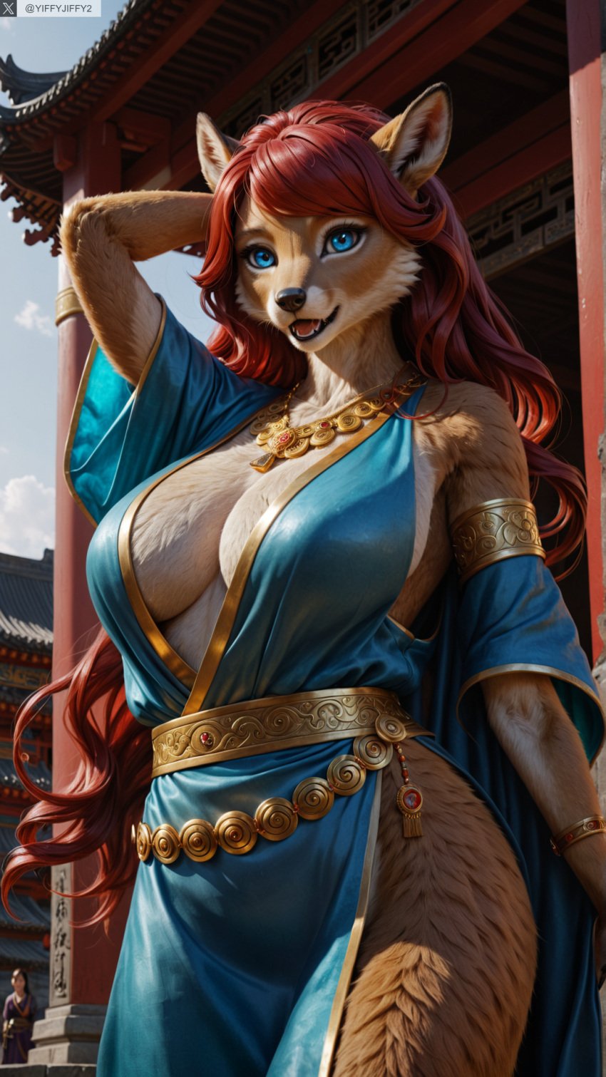 ai_generated animal_ears anthro artist_name blue_eyes breasts female female_anthro furry furry_female hi_res high_resolution highres jewelry large_breasts long_hair photorealistic realistic red_hair snout stable_diffusion twitter twitter_username watermark yiffyjiffy2 yiffyjiffy69