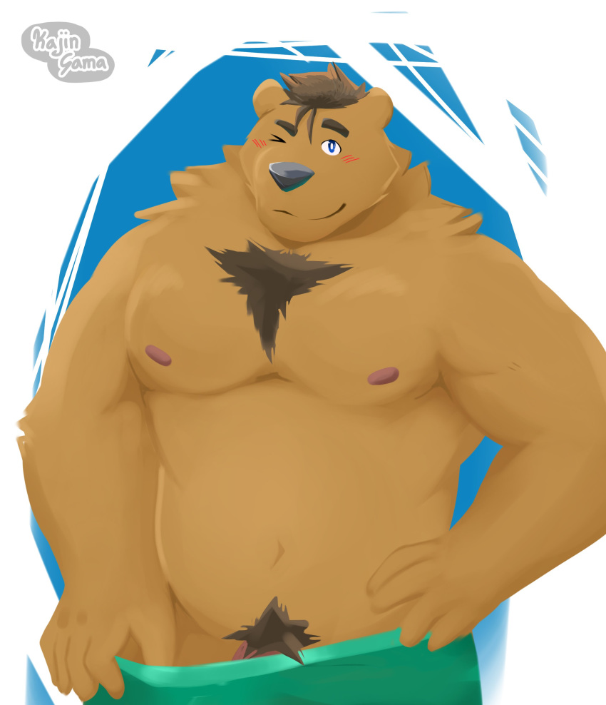 2020 absurd_res anthro barely_visible_genitalia belly brown_body brown_fur clothing fur genitals hi_res humanoid_hands kajin-sama male male_only mammal moobs navel nipples pubes simple_background slightly_chubby solo underwear ursid