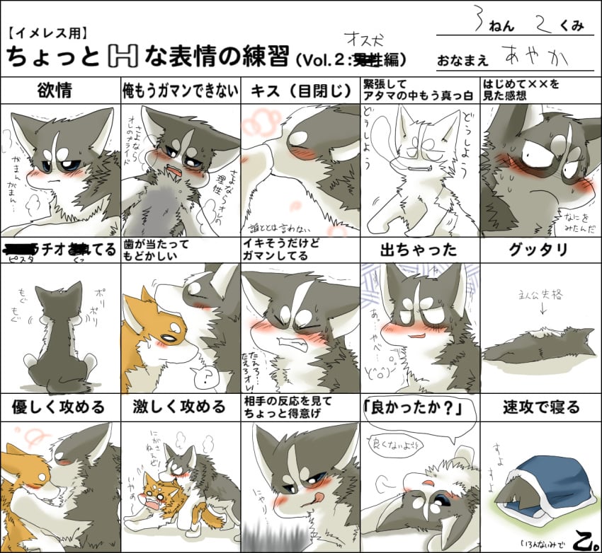 ayaka blush canine duo female feral husky japanese_text kyappy male mammal panting sex shibeta solo_focus straight text translation_request