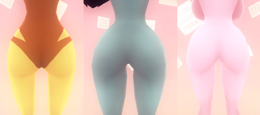 3d adventure_time ass back_view backboob big_ass black_hair breakfast_princess breasts female female_only grey_skin highres huge_ass huge_breasts leotard manyakis marceline nude pink_skin princess princess_bubblegum trio vampire what_if_adventure_time_was_a_3d_anime