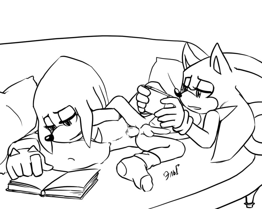 2boys 5:4 anal anthro casual_sex clothing duo eulipotyphlan furry gay hedgehog knuckles_the_echidna krazyelf legwear male male/male mammal monochrome penis sex socks sofa sonic_(series) sonic_the_hedgehog sonknux testicles text watermark yaoi