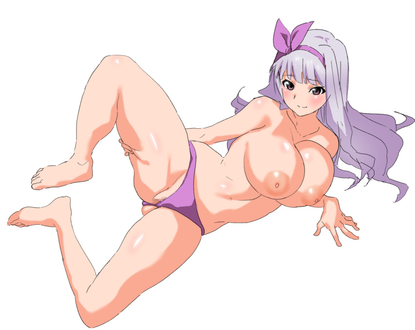 barefoot blush breasts brown_eyes censored female full_body hairband idolmaster inverted_nipples large_breasts lavender_hair long_hair mosaic_censoring panties panties_aside purple_hairband purple_panties pussy shijou_takane silver_hair smile solo topless underwear zourion