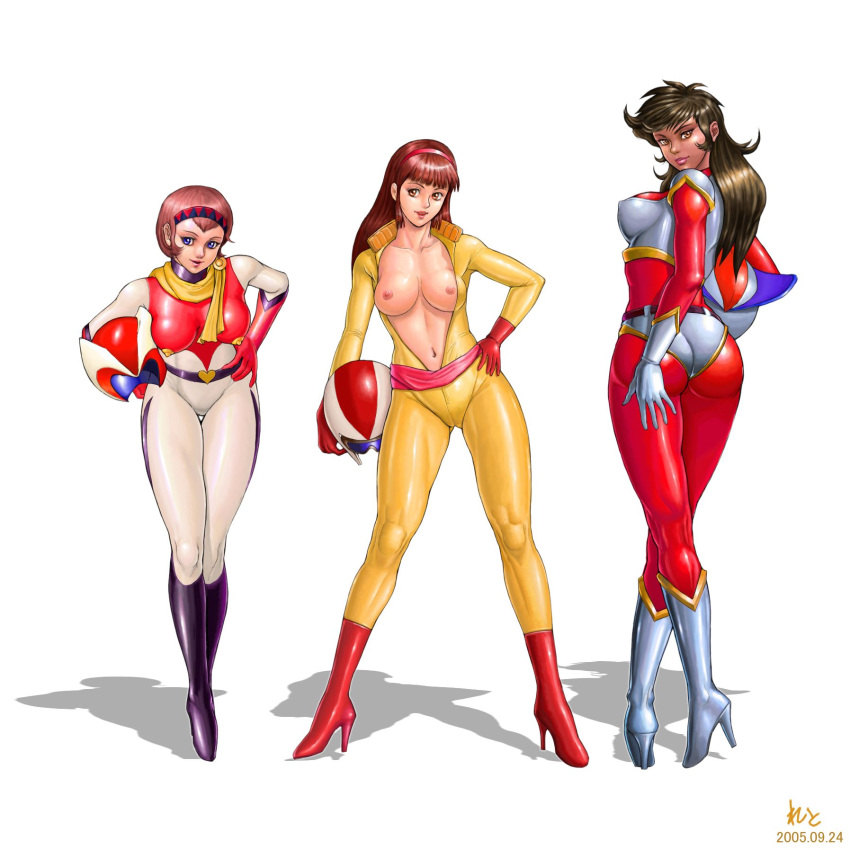 2005 3girls ass belt blue_eyes bodysuit boots breasts brown_eyes brown_hair cameltoe crossover curvaceous dark-skinned_female dark_skin female getter_robo getter_robo_(tv) gloves great_mazinger green_eyes hairband helmet high_heel_boots human jun_hono large_breasts light-skinned_female light_skin long_hair mazinger mazinger_z michiru_saotome multiple_girls nipples pilot_suit sayaka_yumi scarf short_hair skin_tight standing trio white_background zen_and_retro