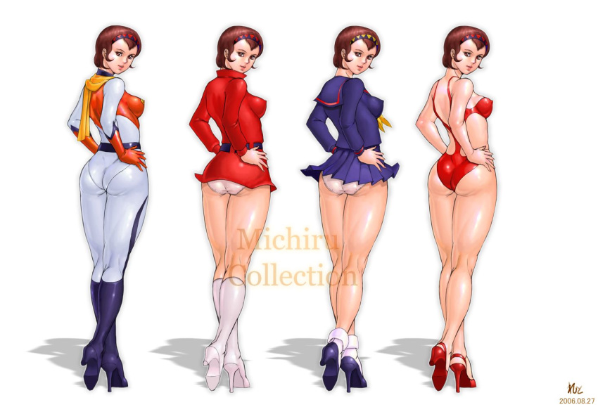 1girls 2006 ass bodysuit boots breasts brown_hair dress female getter_robo getter_robo_(tv) gloves headband high_heels human large_breasts light-skinned_female light_skin michiru_saotome multiple_views panties pilot_suit scarf school_uniform short_hair swimsuit zen_and_retro