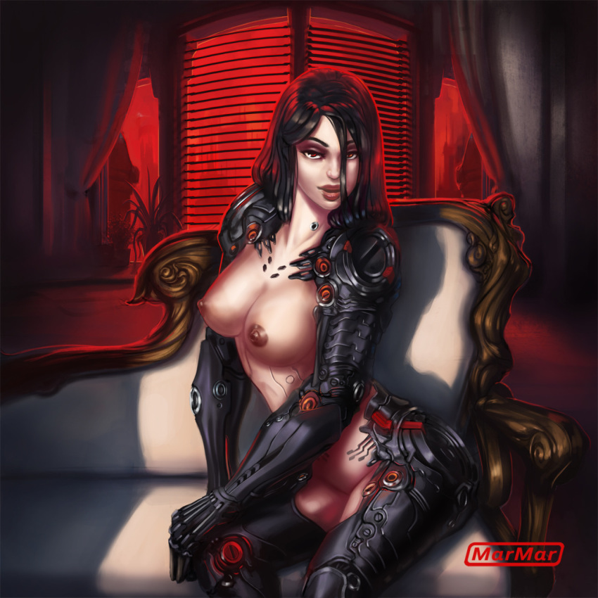 black_hair breasts couch cyborg female glory_(shadowrun:_dragonfall) hair_between_eyes indoors long_hair looking_at_viewer marmar mechanical_arms mechanical_legs navel nipples nude red_eyes shadowrun shadowrun:_dragonfall sitting solo