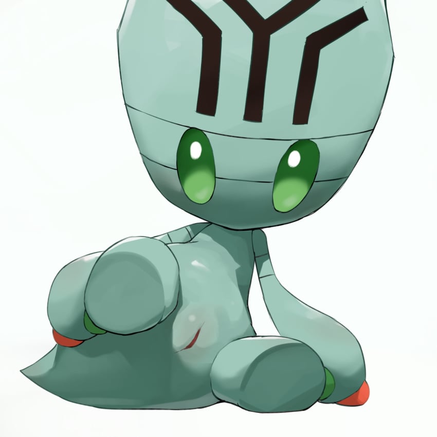 1girls alien ass elgyem feet female flat_chest green_eyes grey_skin looking_at_viewer lying nintendo no_nipples nude on_model on_side pokemon pokemon_bw pussy raised_leg solo tail video_games white_background youjomodoki