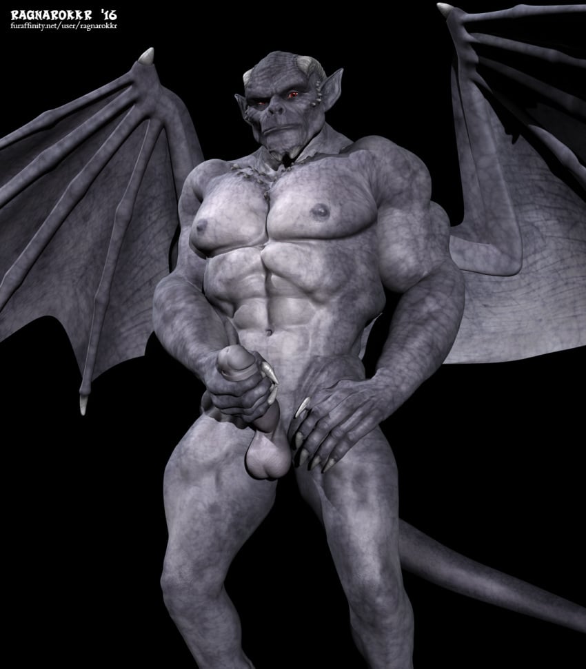 2016 3d abs biceps big_muscles daz3d erection gargoyle horn looking_at_viewer male male_only muscular nipples pecs penis pointy_ears ragnarokkr red_eyes solo standing testicles wings