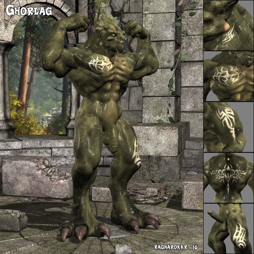 1boy 2016 3d anthro biceps brute_dragon claws daz3d dragon erection flaccid flexing full-length_portrait full_length ghorlag large_muscles looking_at_viewer male male_only monster muscular penis portrait pose ragnarokkr scalie solo standing tattoo testicles uncensored