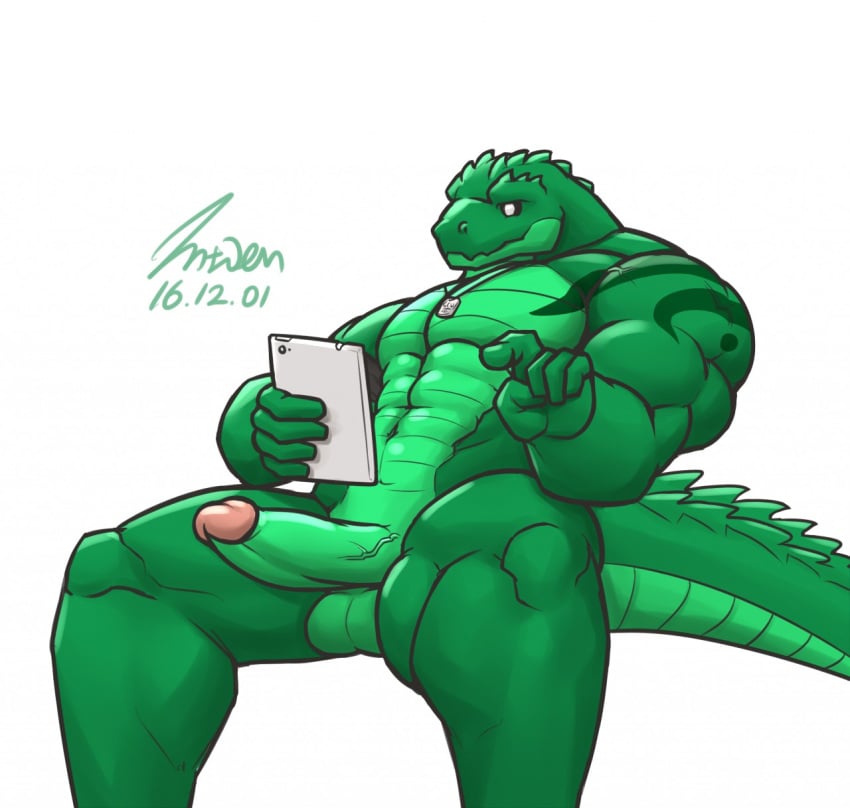 1boy 2016 5_fingers abs alligator anthro balls biceps crocodilian dog_tags erection gay gay_male green_balls green_penis green_scales green_tail hi_res holding_object humanoid_hands humanoid_penis intven96 male male_only muscular muscular_male nude paul_webster pecs penis pointing reclining reptile scales scalie signature simple_background solo tablet vein veiny_penis white_background white_eyes