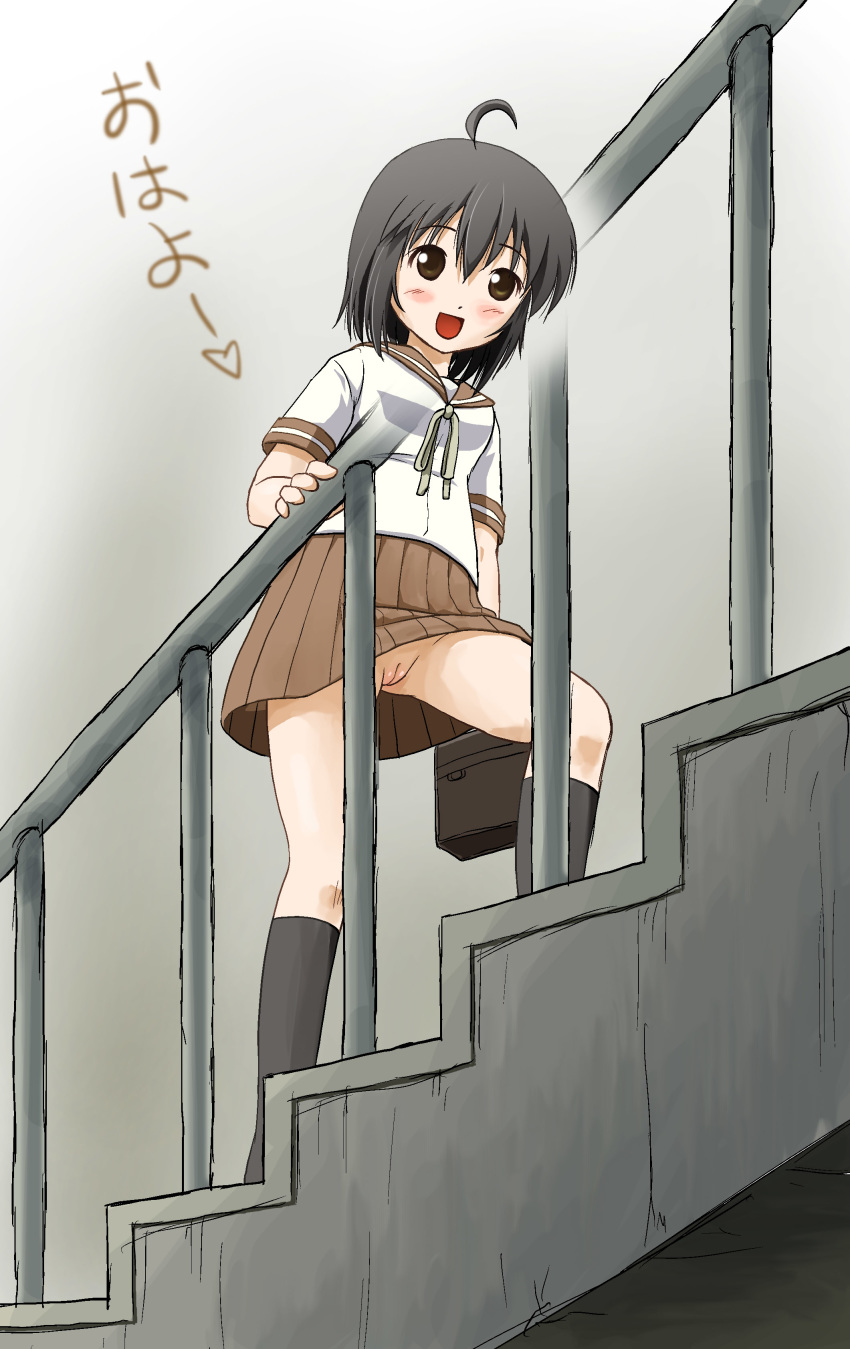 :d ahoge bag black_hair blush brown_eyes female innie_pussy no_panties open_mouth original pleated_skirt pussy school_bag school_uniform serafuku shirt short_hair skirt smile socks solo stairs takapi text translated uncensored