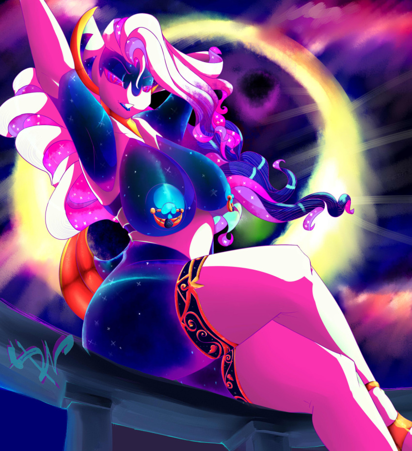1girls anthro anthrofied areolae arm_behind_head arm_up armpits ass big_ass blue_areola breasts clothing damianvertigo eyelashes female hair half-closed_eyes hands_behind_head large_breasts legendary_pokemon legwear long_hair lunala nintendo nipple_piercing nipples nude piercing piercings pink_sclera pokemon pokemon_sm pokemorph purple_eyes purple_hair seductive shiny sitting smile solo stretching teeth thick_thighs thighhighs video_games white_hair wide_hips