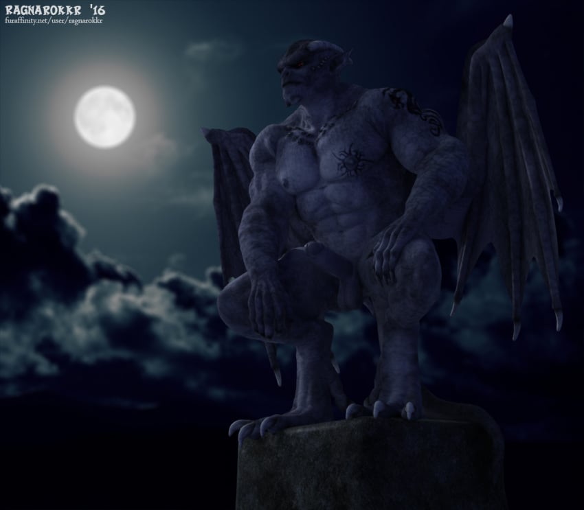 2016 3d abs biceps claws cloud daz3d erection full-length_portrait full_length gargoyle horn large_muscles male male_only moon muscular night nipples pecs penis pointy_ears portrait ragnarokkr solo standing tattoo testicles wings_folded