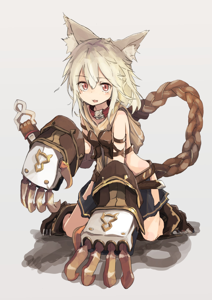 animal_ears arm_strap bangs blonde_hair boots braid center_opening claw_(weapon) claw_pose collar cute_fang elbow_gloves erun_(granblue_fantasy) eyebrows eyebrows_visible_through_hair female flipped_hair gloves granblue_fantasy grey_background hair_between_eyes highres hip_vent hizakozouzu hood huge_weapon kneeling long_hair looking_at_viewer midriff miniskirt open_mouth pleated_skirt red_eyes sen_(granblue_fantasy) shadow single_braid skirt solo tied_hair weapon