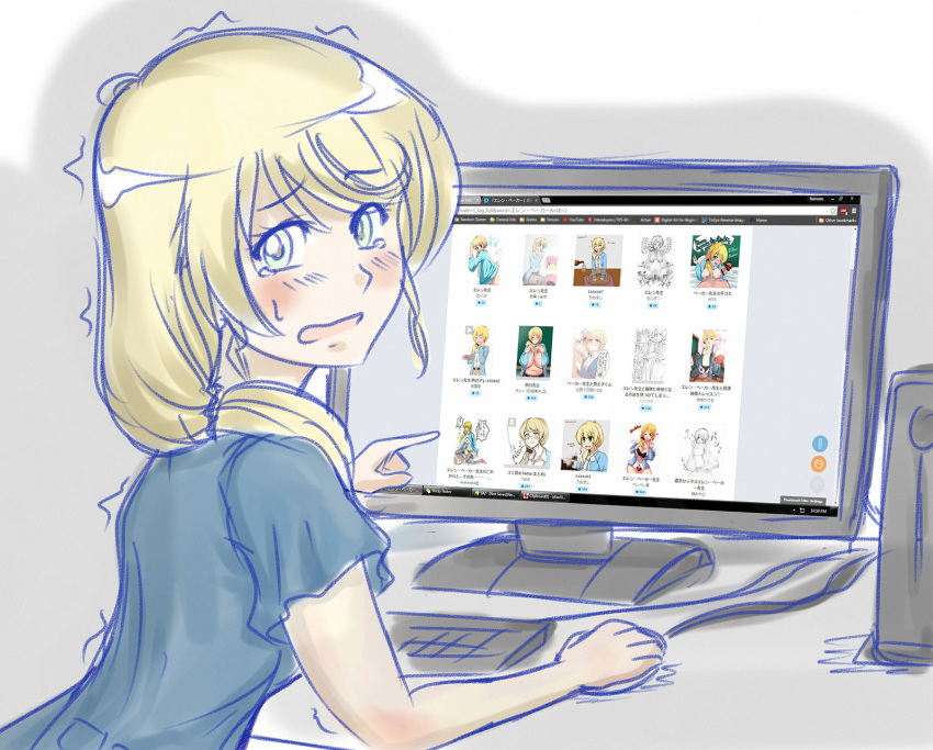 blonde_hair blue_eyes blue_shirt blush computer crying ellen_baker female google_chrome highres long_hair looking_at_own_porn looking_at_porn meta new_horizon open_mouth pixiv pointing ponytail pornography shirt short_sleeves solo sweat tears tied_hair trembling viperxtr