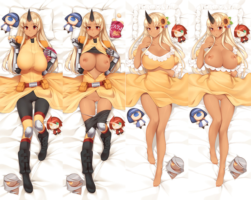 ahoge bare_shoulders barefoot bed belt blonde_hair blush body_armor boots breasts breasts_out brown_skin character_doll cookie cyclops dakimakura dark_skin doppel_(monster_musume) doppelganger dress flower food gauntlets green_eyes hair_flower hair_ornament hi_res horn huge_breasts knee_pads kyuri_(405966795) long_hair lying manako monster_girl monster_musume_no_iru_nichijou multiple_views nude on_back one-eyed oni panties panty_pull pillow purple_hair pussy red_eyes red_hair shoulder_pads smile stitches sundress tionishia uncensored underwear undressing very_long_hair x-ray yellow_dress yellow_eyes zombie zombina