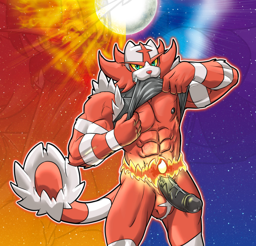 1boy abs alternate_color anthro armpits barazoku big_penis big_testicles black_penis erection fangs feline fur furry green_eyes grey_penis incineroar looking_at_viewer male male_only mammal moon mostly_nude mouth_hold muscular nintendo nipples nude orange_background penis pokémon_(species) pokemon pokemon_sm purple_background red_fur shiny_pokemon shirt shirt_lift sky smile solo stars sun tail tenebear testicles tiger undressing veins veiny_penis video_games white_fur wrestler yellow_sclera