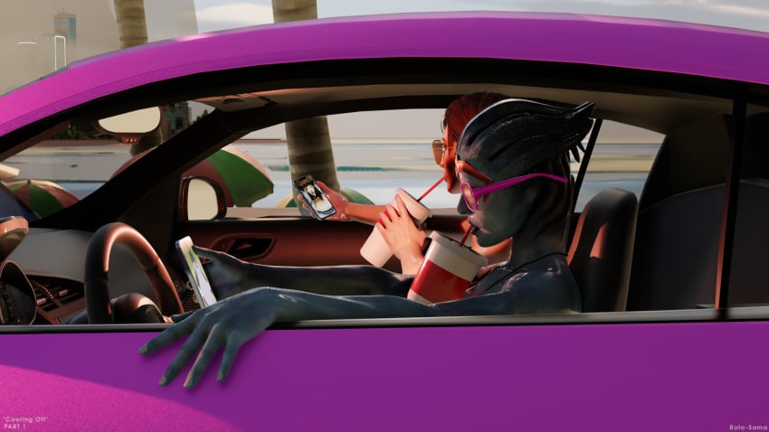 2girls asari beach big_breasts big_lips bikini blue_skin cleavage clothed clothed_female commander_shepard drinking femshep jane_shepard mass_effect meme meme_reference on_phone red_hair rotosama saliva samara soda straw sunglasses sweat sweatdrop sweating
