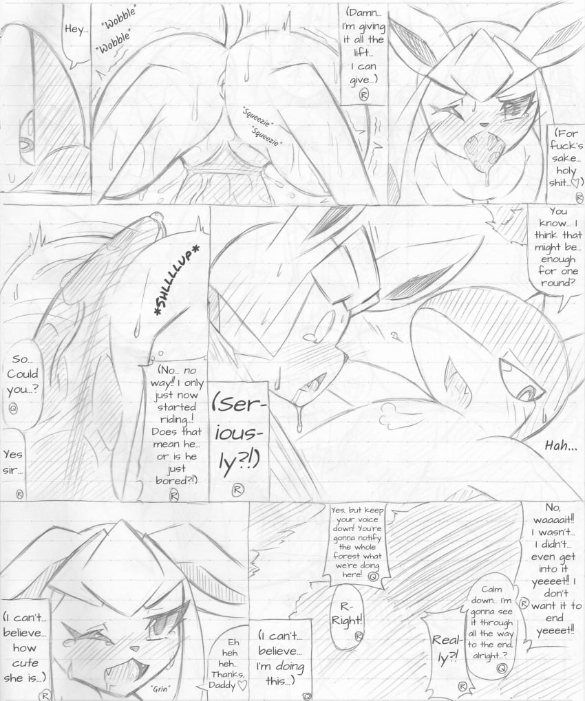 anus ass atlas_(artist) blush canine comic duo eeveelution english_text female female_on_top feral glaceon greyscale heart hi_res lined_paper male mammal monochrome nintendo on_top open_mouth pencil_(artwork) penetration penis pokemon pokemon_(species) precum pussy quilava sex sketch smile straight text traditional_media_(artwork) translated vaginal_penetration video_games