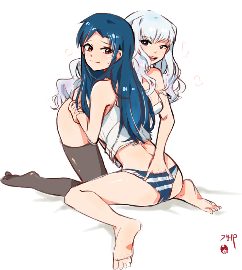 2girls :d arm ass bare_arms bare_legs bare_shoulders barefoot black_legwear blue_hair blush brown_eyes feet female fingering hand_in_another's_panties hand_in_panties highres hug idolmaster kisaragi_chihaya kneeling legs long_hair looking_at_another looking_back looking_to_the_side midriff multiple_girls off_shoulder open_mouth panties pervert red_eyes round_teeth shijou_takane shy silver_hair sitting smile strap_slip striped striped_panties tank_top teeth thighhighs tuxedo_de_cat underwear wariza white_hair wrist_grab yuri