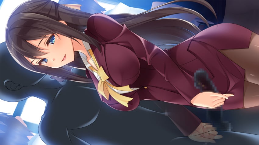 anal_fingering black_hair blouse blue_eyes bow breasts brown_legwear business_suit business_woman censored chikan_da_~shinri_counselor_meika_no_shinryou_kiroku~ dress_shirt dutch_angle faceless faceless_male female fingering formal game_cg ground_vehicle hair_ribbon hairbow half_updo handjob kotobuki_natsumi large_breasts long_hair looking_down miniskirt mosaic_censoring nemigi_tsukasa office office_lady pantyhose parted_lips pencil_skirt penis purple_suit ribbon sidelocks skirt skirt_suit smile solo_focus suit train train_interior white_blouse white_shirt yellow_bow yellow_ribbon