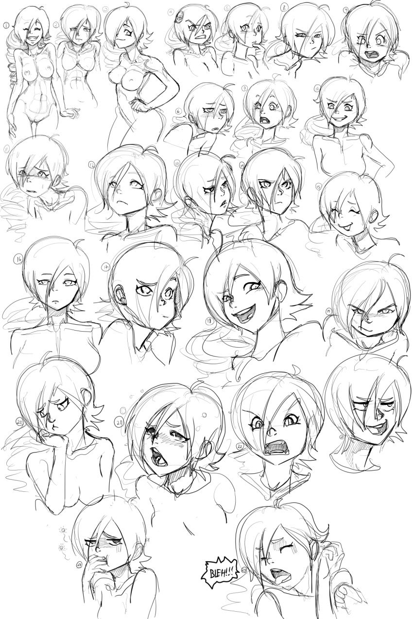 angry artbook artist_request ass breasts cute drill_hair expressions female female_focus female_only happy head monochrome nipples no_bra no_color no_panties nude sketch smile tagme zone-tan