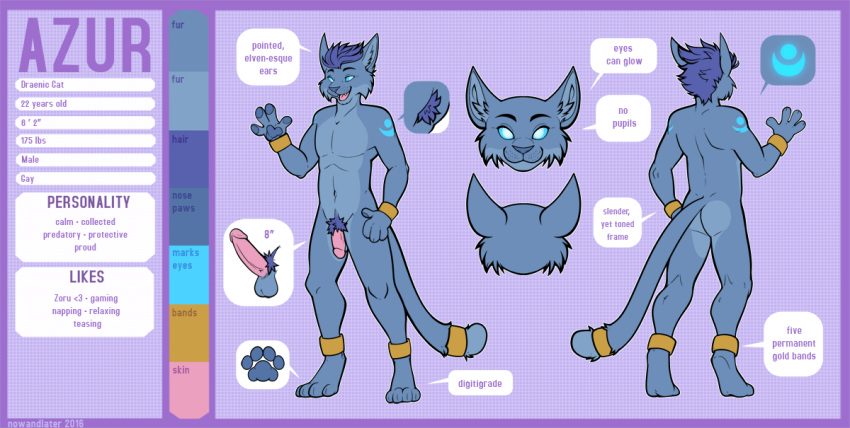 1boy 2016 4_fingers 4_toes anklet anthro armpit_hair azur balls blue_balls blue_eyes blue_fur blue_hair blue_markings blue_nose blue_pawpads blue_sclera blue_tail bracelet cheek_tuft color_swatch digitigrade dotted_background english_text erection eyebrows feline flaccid fur glowing glowing_eyes gold_(metal) hair humanoid_penis inner_ear_fluff jewelry long_tail looking_at_viewer male male_only mammal markings model_sheet multiple_angles no_pupils nowandlater nude open_mouth pattern_background pawpads pawprint penis pink_penis pointy_ears pubes signature simple_background smile solo standing tail_ring text toes tuft waving