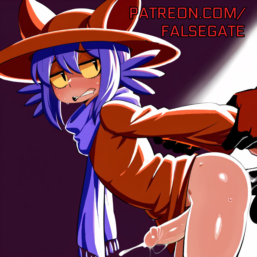 ai_generated stable_diffusion falsegate self_upload highres absurd_res uncensored oneshot niko_(oneshot) femboy purple_hair medium_hair cat_boy animal_ears whiskers yellow_sclera colored_sclera black_eyes slit_eyes slit_pupils purple_scarf scarf brown_shirt bottomless brown_hat hat purple_background patreon patreon_username paid_reward_available 2boys duo gay yaoi anal anal_sex implied_anal penis cum shooting_cum orgasm cumming orgasm_while_penetrated cumming_while_penetrated cum_from_anal arm_grab doggystyle doggystyle_position standing standing_sex standing_doggy_style doggy_style standing_doggystyle looking_back nervous blush blush_lines clenched_teeth