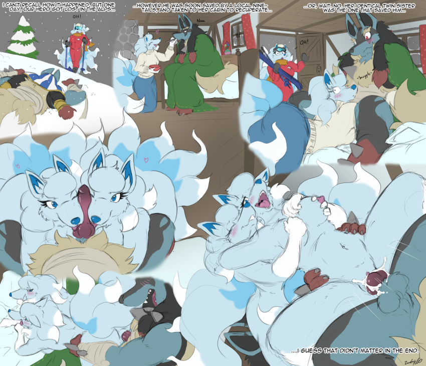 1boy 2016 2girls alolan_form alolan_ninetales ass balls belly bisexual blue_eyes blue_fur blue_nose blush breast_fondling breasts canid canine canis clothed clothing cum cum_in_pussy cum_inside dialogue drooling eating english_text female female_penetrated fondling fur furry furry_only group group_sex hand_on_breast incest interspecies knot licking lucario male male_penetrating male_penetrating_female mega_evolution mega_lucario multi_tail navel ninetales nintendo nude open_mouth oral original_character outside penetration penis pokemon pokemon_(species) pussy red_fur saliva sex sibling signature snow soup straight sweat tail teeth testicles text threesome tongue tongue_out tree twincest twins vaginal_penetration video_games wet yellow_fur zerofox1000