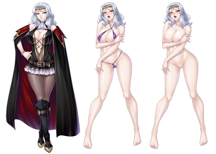 barefoot belt bikini boots breasts cara_the_blood_lord censored circlet female kagami_hirotaka large_breasts lilith-soft red_eyes skirt solo white_hair