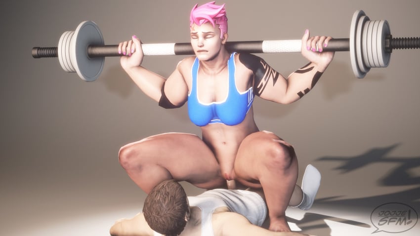 1boy 3d barbell bottomless cowgirl_position cum cum_in_pussy cum_inside exercising female jojje muscular muscular_female overwatch pink_hair pussy short_hair source_filmmaker sports_bikini straight thick_thighs weightlifting weights zarya