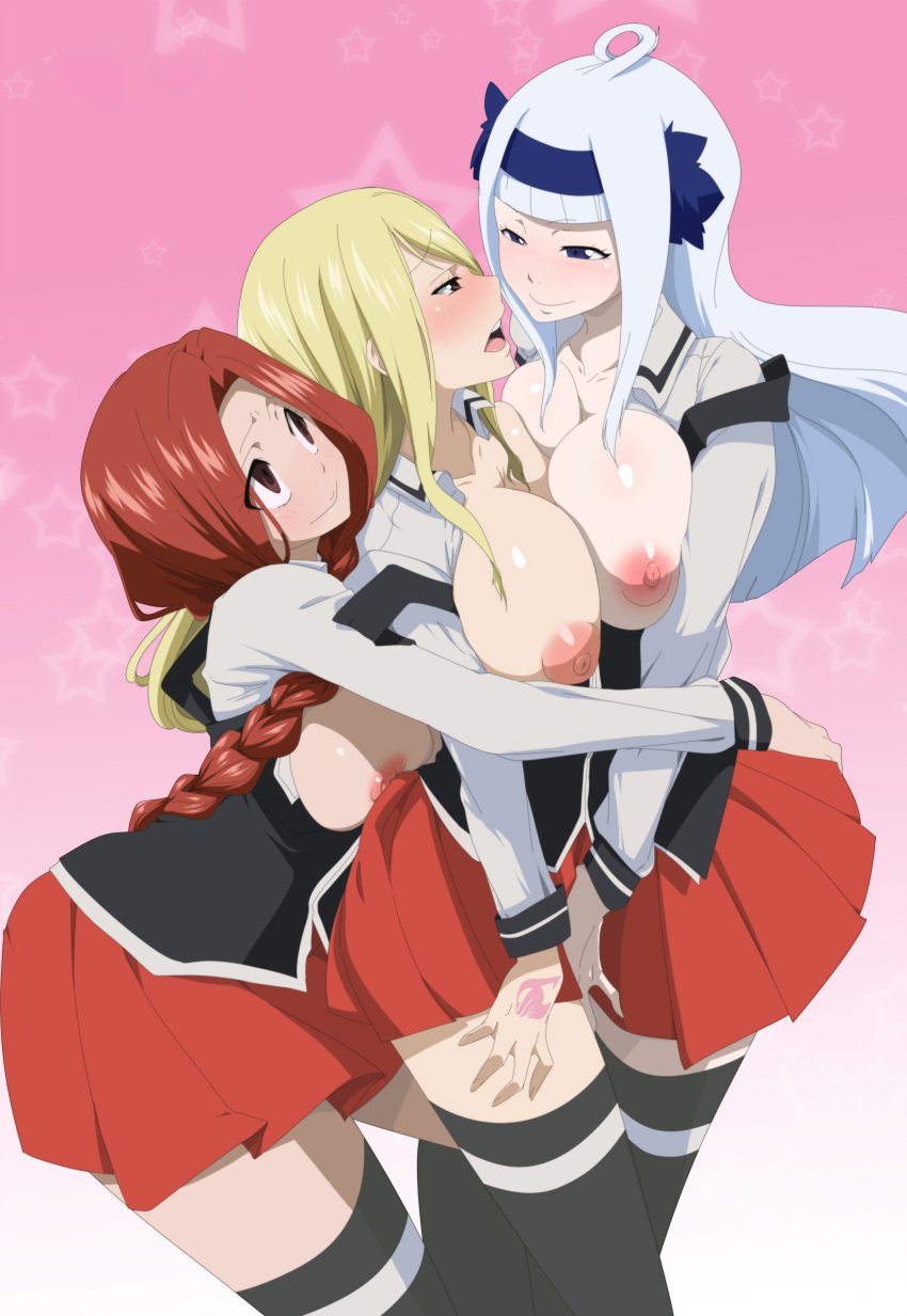 3girls academy_uniform_(bible_black) angel_(fairy_tail) ass_grab bible_black big_breasts black_socks blonde_hair blush breasts breasts_out clothing cosplay fairy_tail female female_only flare_corona girl_sandwich huge_breasts human large_breasts lesbian lexus_(artist) long_hair lucy_heartfilia multiple_girls nipples open_mouth red_hair school_uniform serafuku silver_hair socks sorano_aguria suspenders symmetrical_docking tagme thigh_socks thighhighs uniform yuri