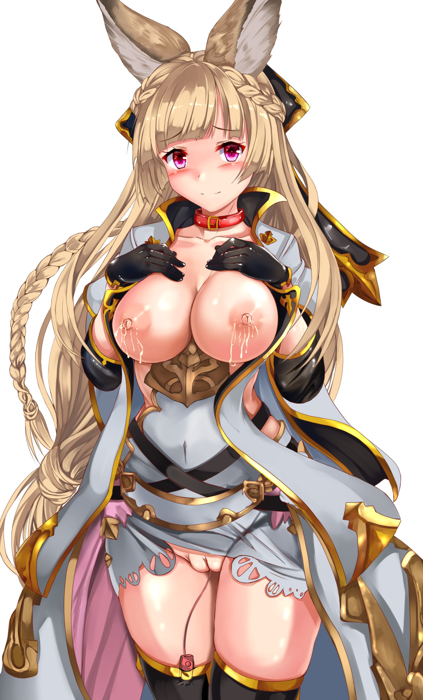 absurdres animal_ears areolae bangs black_gloves black_legwear blonde_hair blunt_bangs breasts breasts_out collarbone covered_navel cowboy_shot erun_(granblue_fantasy) female gloves granblue_fantasy hands_on_own_chest highres lactation large_breasts long_hair looking_at_viewer nipples object_insertion pink_eyes skindentation thighhighs thighs uchida_shou uncensored vaginal_object_insertion vaginal_penetration very_long_hair vibrator yuisis_(granblue_fantasy)