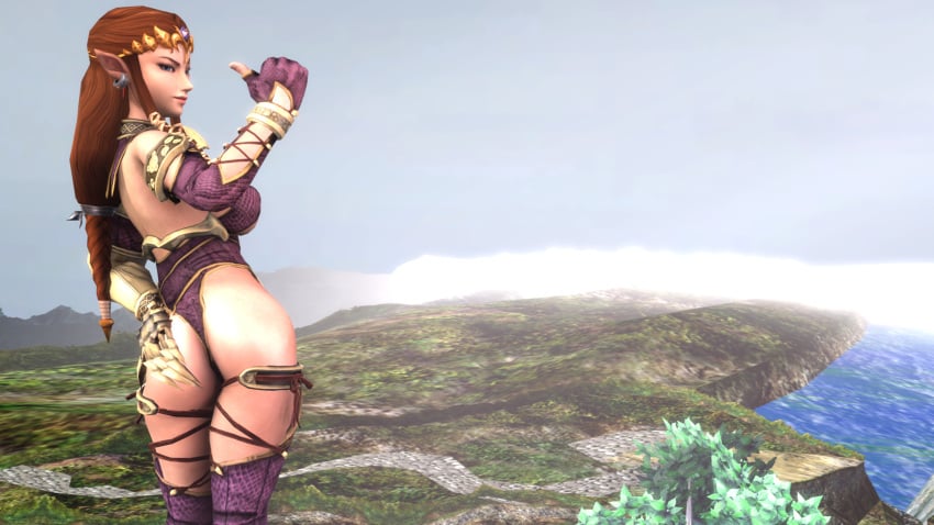 3d ass barely_clothed blue_eyes breasts brown_hair cosplay dat_ass exhibitionism female huge_breasts hylian isabella_valentine_(cosplay) jewelry large_ass looking_at_viewer looking_back looking_over_shoulder nintendo pointy_ears princess_zelda smile soul_calibur source_filmmaker the_legend_of_zelda thumbs_up tiara twilight_princess w33w33 zelda_(twilight_princess)