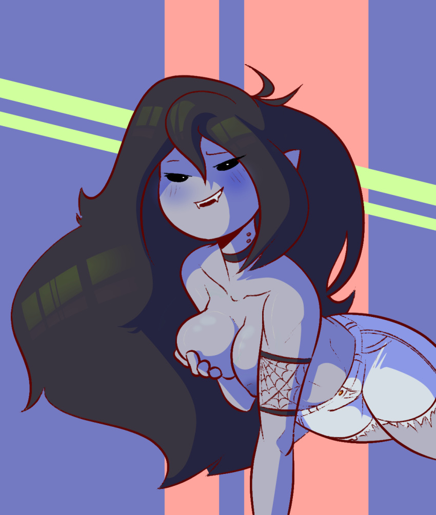 adventure_time arm_garter bite_mark black_hair black_sclera blush breasts cutoffs dabble dark_nipples denim denim_shorts fangs female floating grey_skin long_hair looking_at_viewer marceline nipples pointy_ears short_shorts shorts solo topless vampire white_eyes