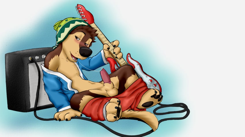 1boy 3_toes 4_fingers animal_genitalia anthro balls barefoot bodi canine clothed clothing cobaltsynapse erection guitar hat male male_only mammal musical_instrument open_clothes open_shirt pants pants_down partially_clothed penis reclining rock_dog sheath shirt solo speaker toes