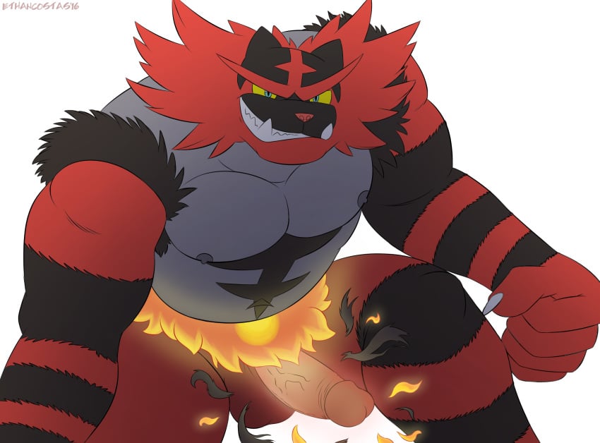 1boy anthro areola bara belly big_penis big_testicles claws erection ethancostas fangs feline fur furry green_eyes grey_fur half-closed_eyes incineroar kneeling looking_at_viewer male male_only mammal muscular nintendo nipples nude orange_fur pecs penis pokemon pokemon_sm red_fur sharp_claws sharp_teeth smile solo stripes teeth testicles text tiger torn_clothes veins veiny_penis video_games white_background wrestler yellow_fur yellow_sclera