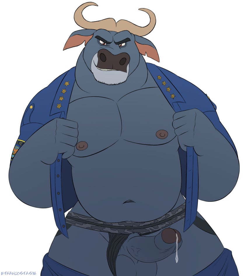 1boy 2016 anthro balls bovine buffalo cape_buffalo cattle chief_bogo clothed clothing cum disney erection ethancostas flat_colors horn humanoid_penis jockstrap leaking looking_at_viewer male male_only mammal manly musclegut navel nipples pants_down partially_clothed pecs penis pinup police_officer pose precum presenting signature smile solo underwear uniform zootopia