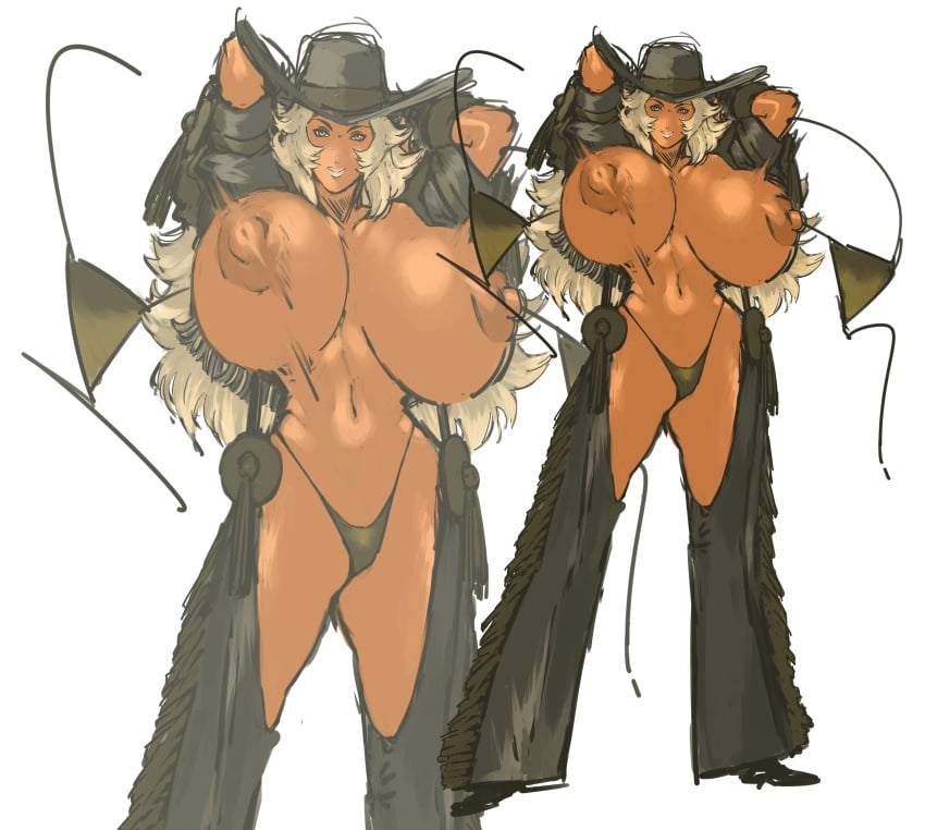 blonde_hair brown_eyes cowgirl dark-skinned_female dark_skin female femsub gyaru huge_breasts nameo_(judgemasterkou) presenting revealing_clothes skimpy thong topless voluptuous wardrobe_malfunction