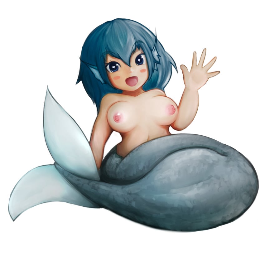 blue_eyes blue_hair blush_stickers breasts female head_fins heart-shaped_pupils highres looking_at_viewer mermaid monster_girl nanostar nipples nude open_mouth png simple_background smile solo symbol-shaped_pupils tail tail_fin touhou wakasagihime waving white_background