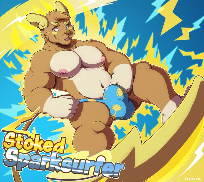 1boy alolan_form alolan_raichu anthro athletic belly biceps big_bulge big_muscles blue_eyes blush body_hair brown_fur brown_hair brown_nose bulge clothed clothing day electricity feet floating fur furry hair lightning looking_at_viewer male male_only mostly_nude multicolored_fur muscular myiko navel nintendo nipples open_mouth original_character outdoors pants pecs pokemon pokemon_(species) pokemon_sm pubes raichu simple_background sky smile solo tail teeth text thick_thighs tongue topless two_tone_fur underwear video_games