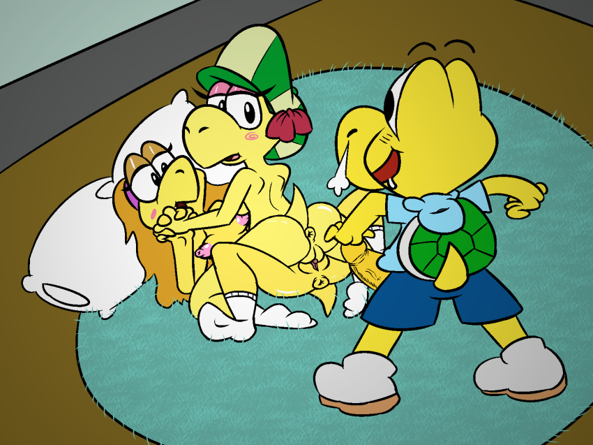 1boy 2girls anthro anus areola ass black_eyes blonde_hair blush breasts butt cap clitoris clothed clothed_male clothed_male_nude_female clothing duo_female erection eyeshadow female female_focus hair half-closed_eyes koopa koopa_troopa koopie_koo koops kylie_koopa male mammal mario_(series) mario_and_luigi:_partners_in_time mario_and_luigi_(series) naked naked_female nintendo nipples nude nude_female open_mouth paper_mario penis penis_out perineum pillow pink_eyeshadow pussy reptile scalie sex socks straight tail threesome thunderfap tribadism trio turtle vagina video_games white_socks yuri