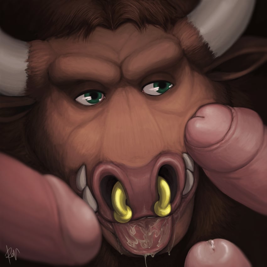 4boys bovine close-up cum cum_drool erection facial_piercing foreskin furry gay horn human interspecies male male_only mammal nose_piercing nose_ring partially_retracted_foreskin penis penis_on_face piercing precum retracted_foreskin rov septum_piercing signature solo_focus tauren text tongue tongue_out tusks uncircumcised uncut warcraft watermark yaoi
