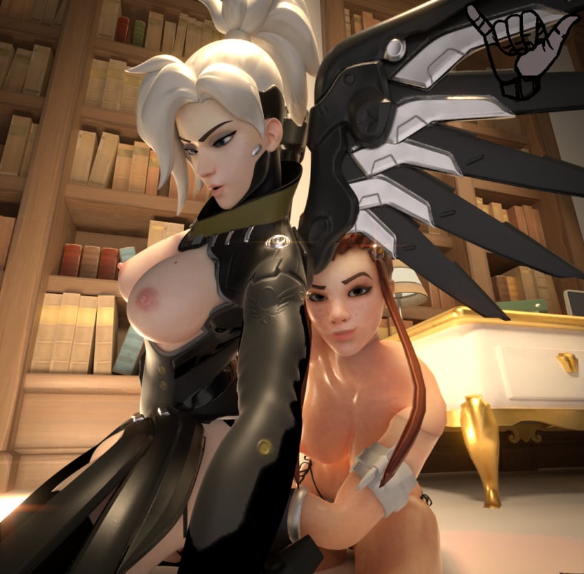 2girls 3d angela_ziegler big_breasts blender breasts brigitte brigitte_lindholm brown_eyes female female_only fingering goth looking_at_viewer mercy overwatch ponytail thighhighs yokubos