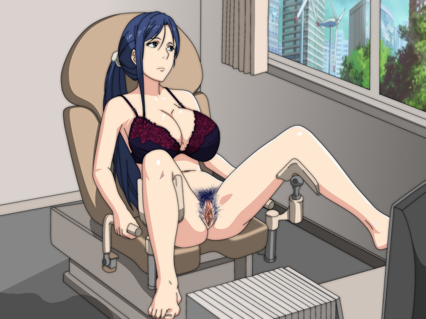 arm_support ass barefoot blue_eyes blue_hair bottomless bra breasts chair feet gyn_chair huge_breasts legs legs_up long_hair no_panties pubic_hair pussy sitting sky spread_legs thighs to_aru_kagaku_no_railgun to_aru_majutsu_no_index toes uncensored window yomikawa_aiho