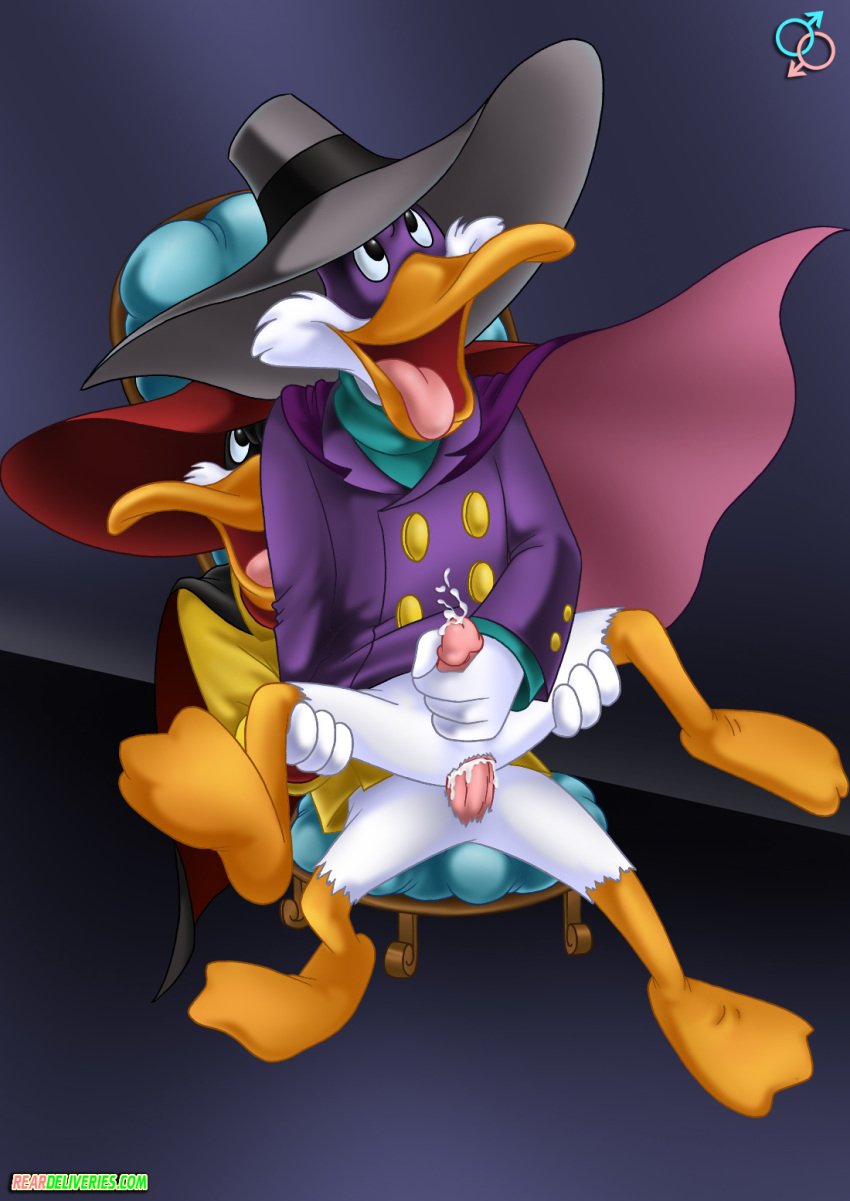 2boys 4_fingers anal anal_sex anthro avian bbmbbf bird bottomless cape cum cum_in_ass cum_inside cum_on_clothing cum_on_penis cum_on_stomach darkwing_duck darkwing_duck_(character) disney duck feathers gay hand_on_thigh male male_only mask masturbation negaduck palcomix penetration penis rear_deliveries sex stand_and_carry_position standing white_feathers yaoi