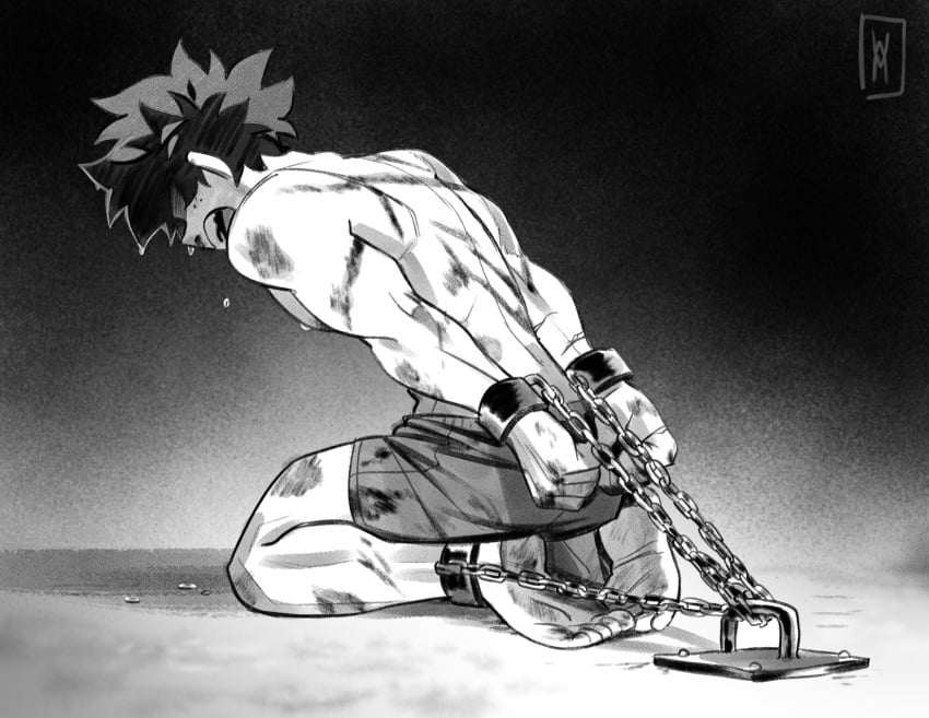 1boy blood bloody bruise bruised chained chained_ankles chained_to_floor chained_up chained_wrists dirty izuku_midoriya male male_focus male_only malesub muscular muscular_male muscular_sub my_hero_academia partially_clothed questionable_consent resisting restrained restraints screaming solo solo_focus solo_male straining wildmage