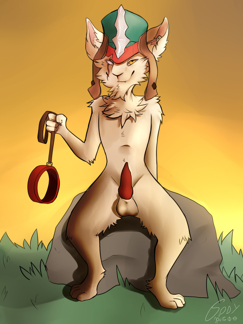 1boy anthro barefoot body_hair chest_hair chin_tuft collar fluffy fur furry kled knot league_of_legends leash looking_at_viewer male male_only nude penis riot_games scar sody solo toes white_fur yordle